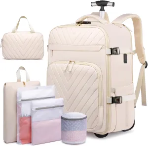 Rolling Backpack for Women, 20inch Wheeled Backpack with Anti-theft Layer, Laptop Backpack With USB Port & Lock, Waterproof Business Travel Backpack with 6 Bags, Beige