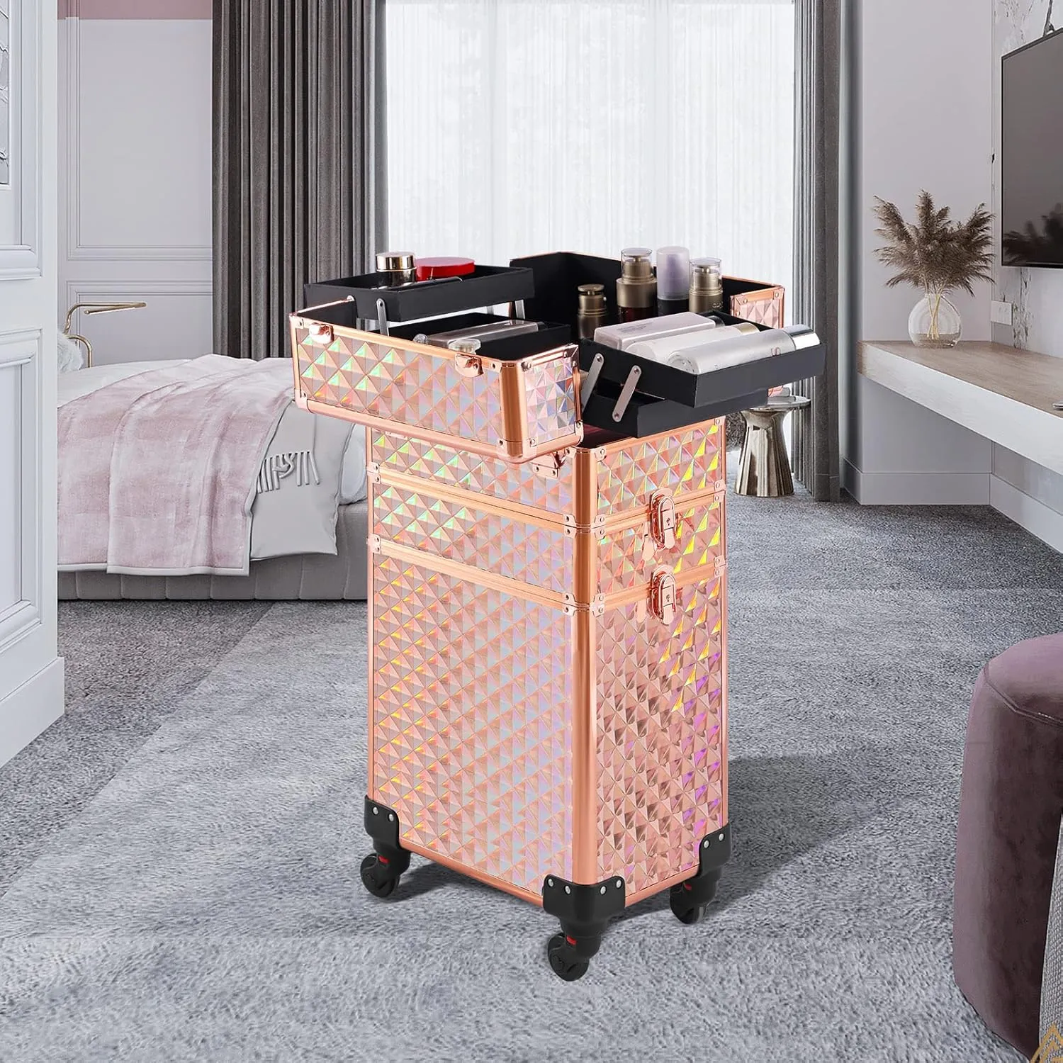 Rolling Makeup Case 3 in 1,Professional Makeup Train Case organizers,Large Storage Cosmetic case Trolley,Makeup Travel Case for Salon Barber Rose Gold,Pink