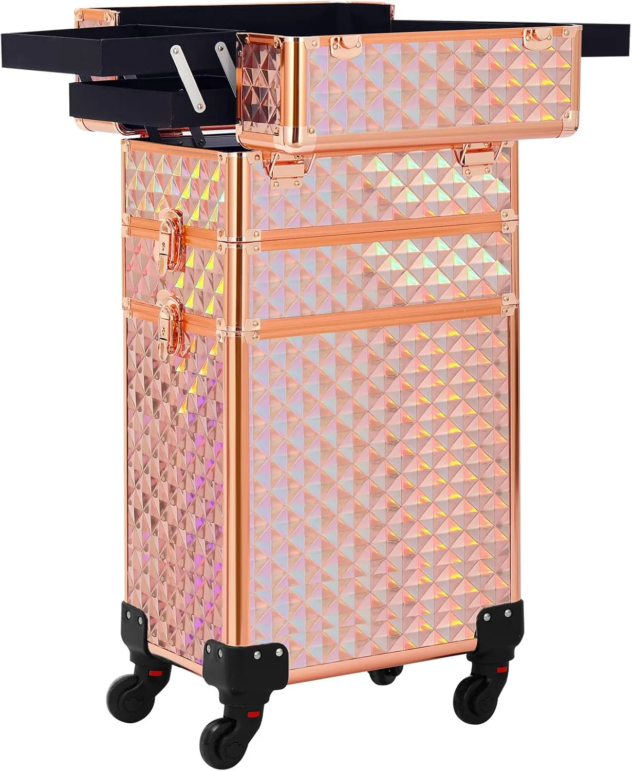 Rolling Makeup Case 3 in 1,Professional Makeup Train Case organizers,Large Storage Cosmetic case Trolley,Makeup Travel Case for Salon Barber Rose Gold,Pink