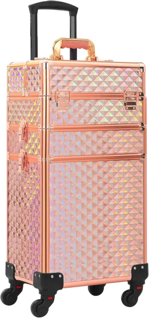 Rolling Makeup Case 3 in 1,Professional Makeup Train Case organizers,Large Storage Cosmetic case Trolley,Makeup Travel Case for Salon Barber Rose Gold,Pink