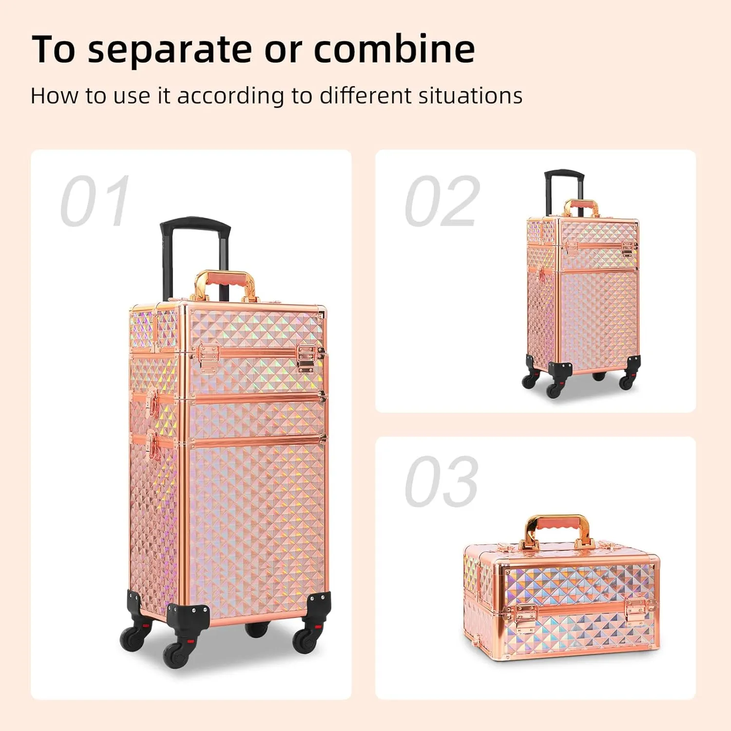 Rolling Makeup Case 3 in 1,Professional Makeup Train Case organizers,Large Storage Cosmetic case Trolley,Makeup Travel Case for Salon Barber Rose Gold,Pink