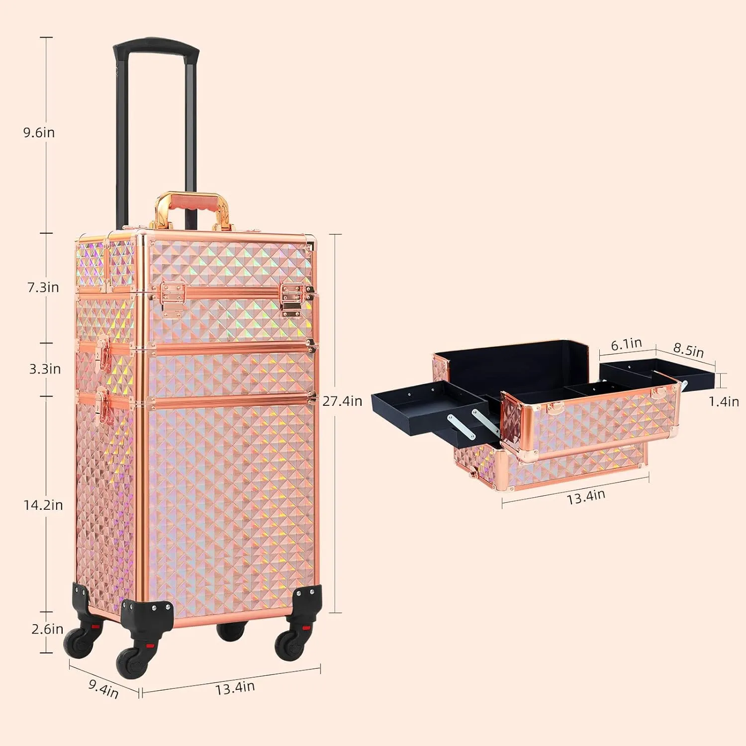 Rolling Makeup Case 3 in 1,Professional Makeup Train Case organizers,Large Storage Cosmetic case Trolley,Makeup Travel Case for Salon Barber Rose Gold,Pink