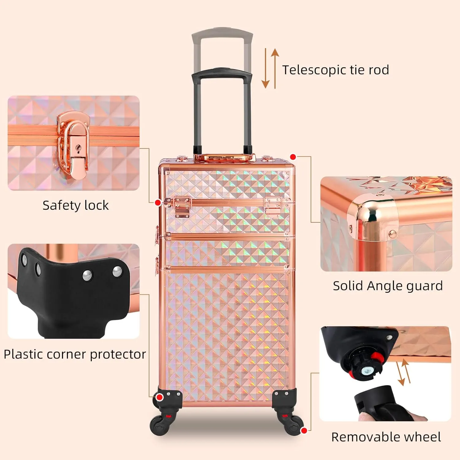Rolling Makeup Case 3 in 1,Professional Makeup Train Case organizers,Large Storage Cosmetic case Trolley,Makeup Travel Case for Salon Barber Rose Gold,Pink