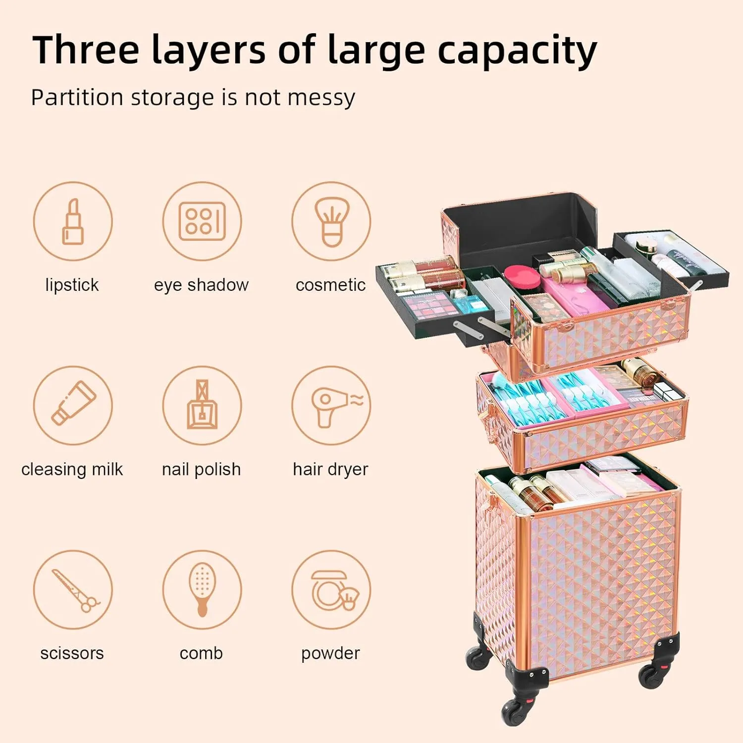 Rolling Makeup Case 3 in 1,Professional Makeup Train Case organizers,Large Storage Cosmetic case Trolley,Makeup Travel Case for Salon Barber Rose Gold,Pink
