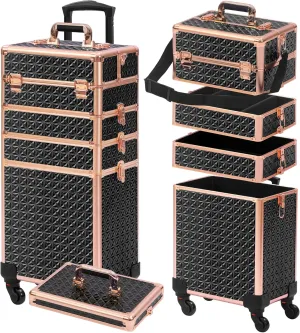 Rolling Makeup Case, Makeup Train Case with Lid, 5 in 1 Cosmetology Case on Wheels, Christmas Gift, Large Makeup Case Organizers, Profesional Cosmetic Case for Salon Barber, Black gold