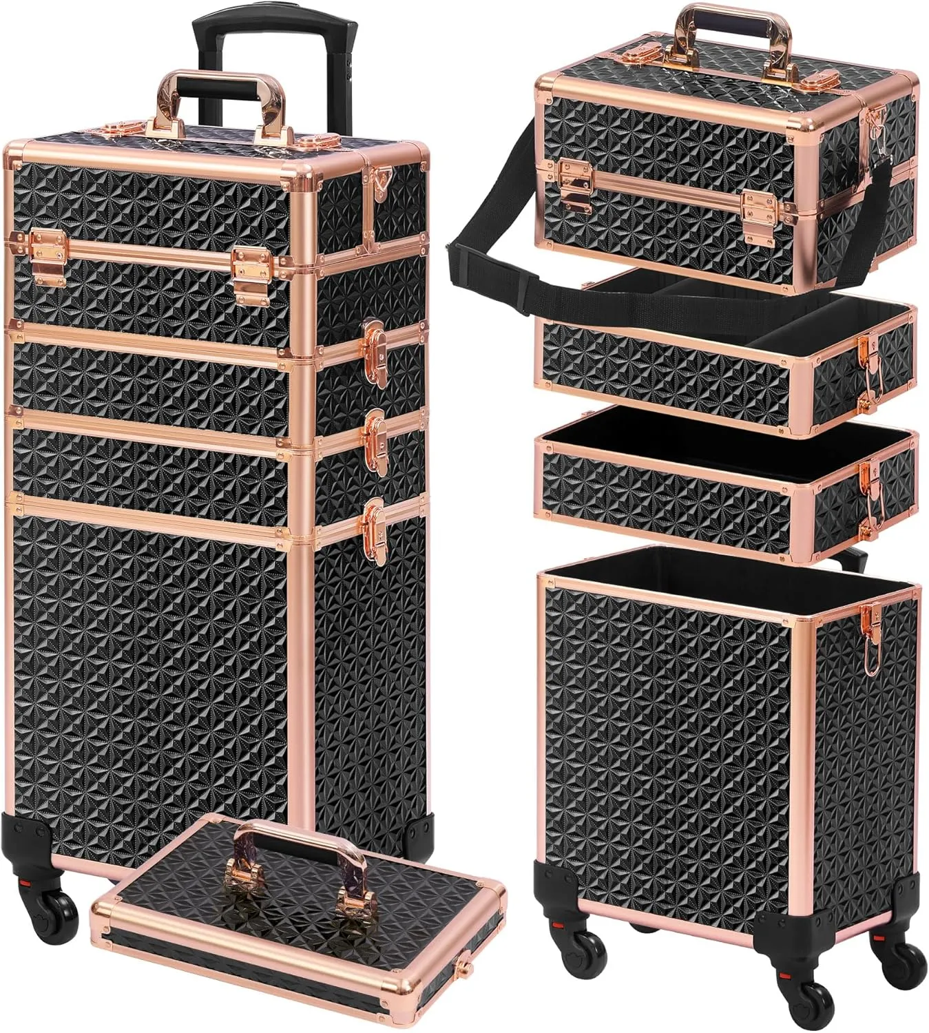 Rolling Makeup Case, Makeup Train Case with Lid, 5 in 1 Cosmetology Case on Wheels, Christmas Gift, Large Makeup Case Organizers, Profesional Cosmetic Case for Salon Barber, Black gold