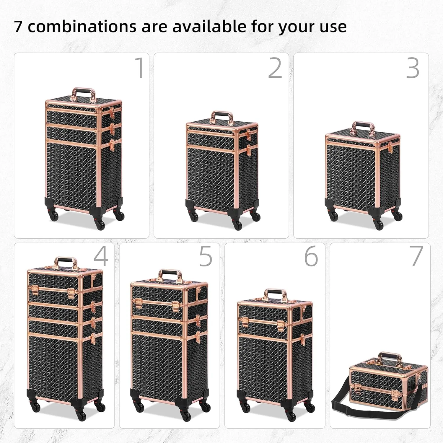 Rolling Makeup Case, Makeup Train Case with Lid, 5 in 1 Cosmetology Case on Wheels, Christmas Gift, Large Makeup Case Organizers, Profesional Cosmetic Case for Salon Barber, Black gold