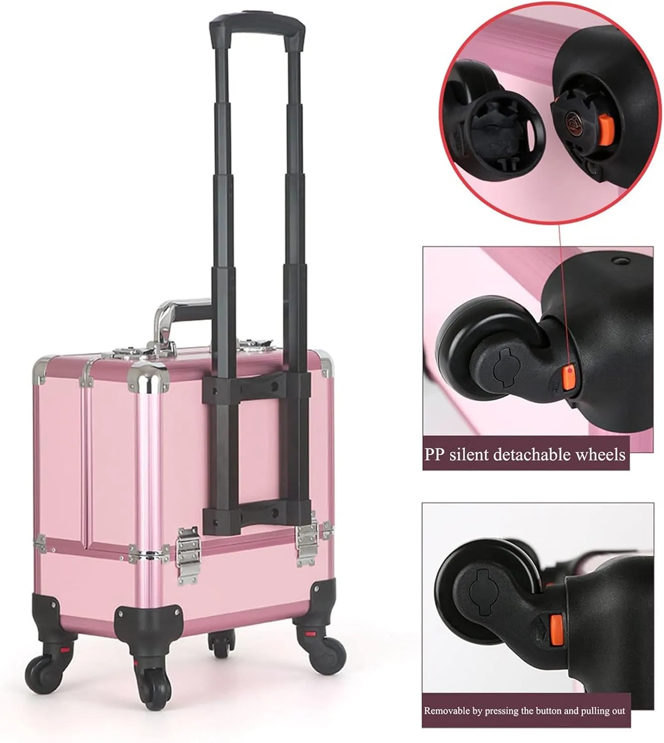 Rolling Makeup Case Professional Makeup Train Case Makeup Artist Travel Organizer , Aluminium Make Up Case, Travel Makeup Train Case Makeup, For Hair Curler Brush Set And Cosmetics,Pink cosmetic case