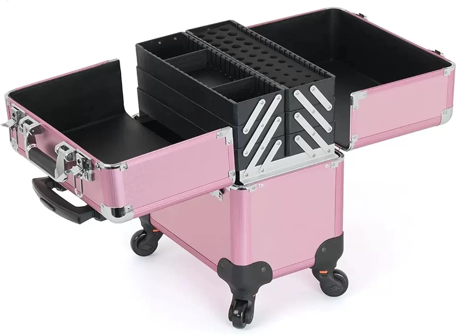 Rolling Makeup Case Professional Makeup Train Case Makeup Artist Travel Organizer , Aluminium Make Up Case, Travel Makeup Train Case Makeup, For Hair Curler Brush Set And Cosmetics,Pink cosmetic case