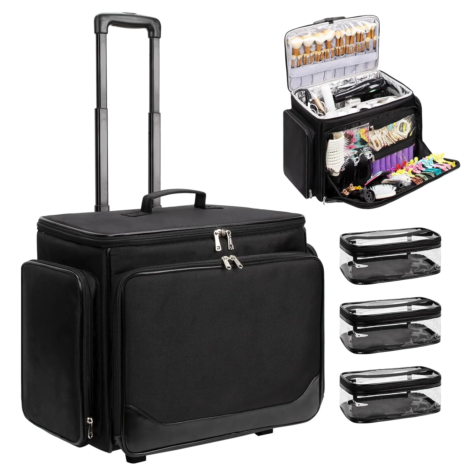 Rolling Makeup Train Case, Professional Hairstylist Traveling Bag, Extra Large Cosmetology Case on Wheels, Hairdresser Bag with Heat Resistant Lining for Hot Hair Tools Cosmetic Organizer Trolley