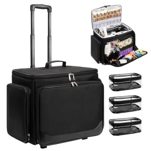 Rolling Makeup Train Case, Professional Hairstylist Traveling Bag, Extra Large Cosmetology Case on Wheels, Hairdresser Bag with Heat Resistant Lining for Hot Hair Tools Cosmetic Organizer Trolley