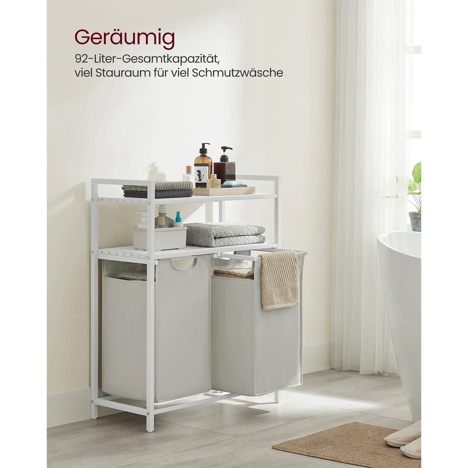 Rootz Laundry Basket 2 x 46L with Shelves - Clothes Organizer - Hamper with Storage - MDF & Steel - 73cm x 33cm x 92cm