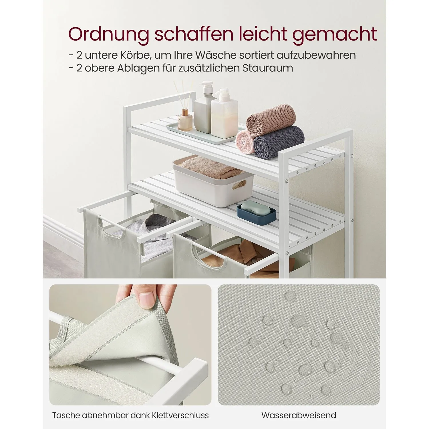 Rootz Laundry Basket 2 x 46L with Shelves - Clothes Organizer - Hamper with Storage - MDF & Steel - 73cm x 33cm x 92cm