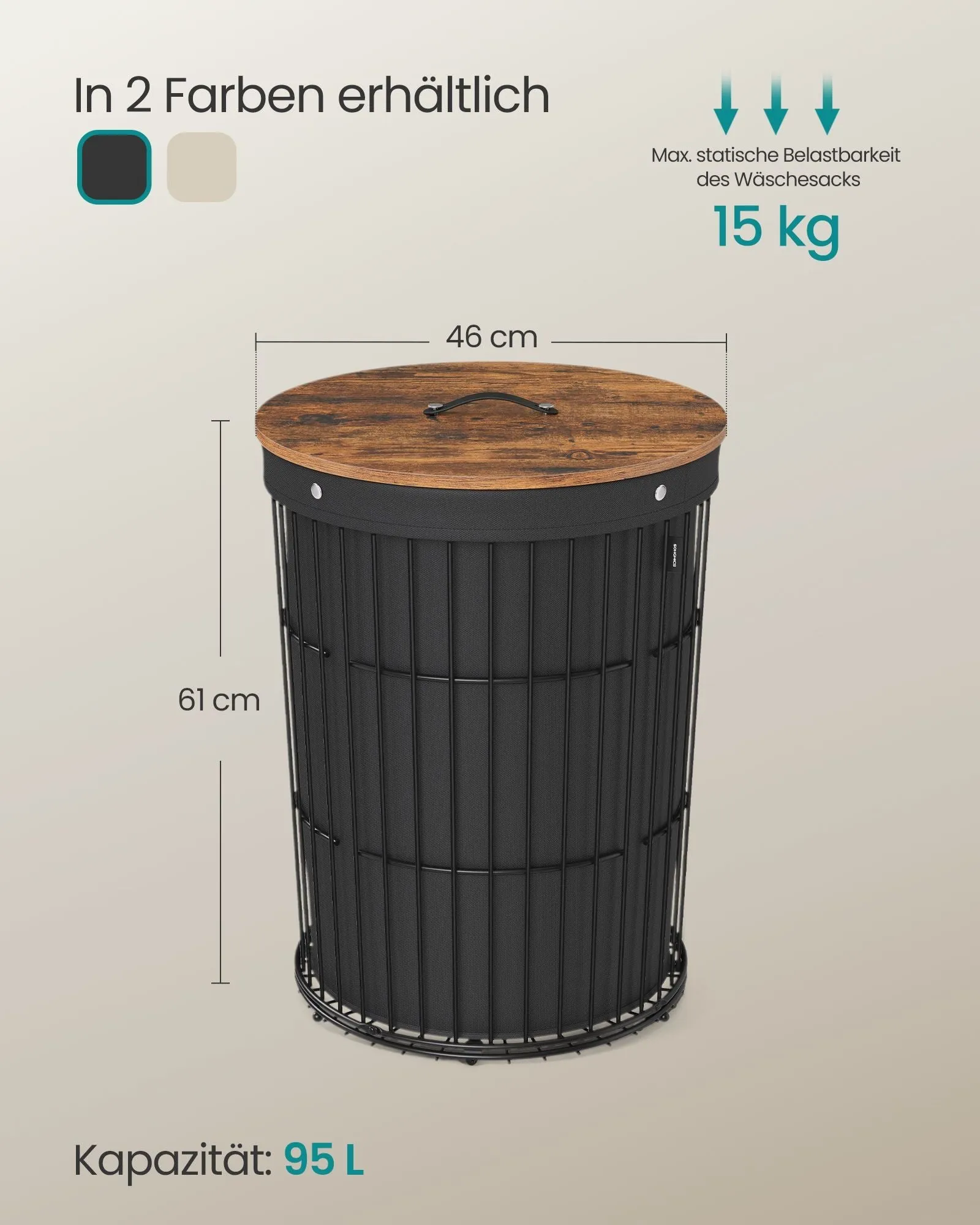 Rootz Laundry Basket - Hamper Bin - Collapsible Clothes Organizer - Steel Frame - 46cm x 46cm x 61cm