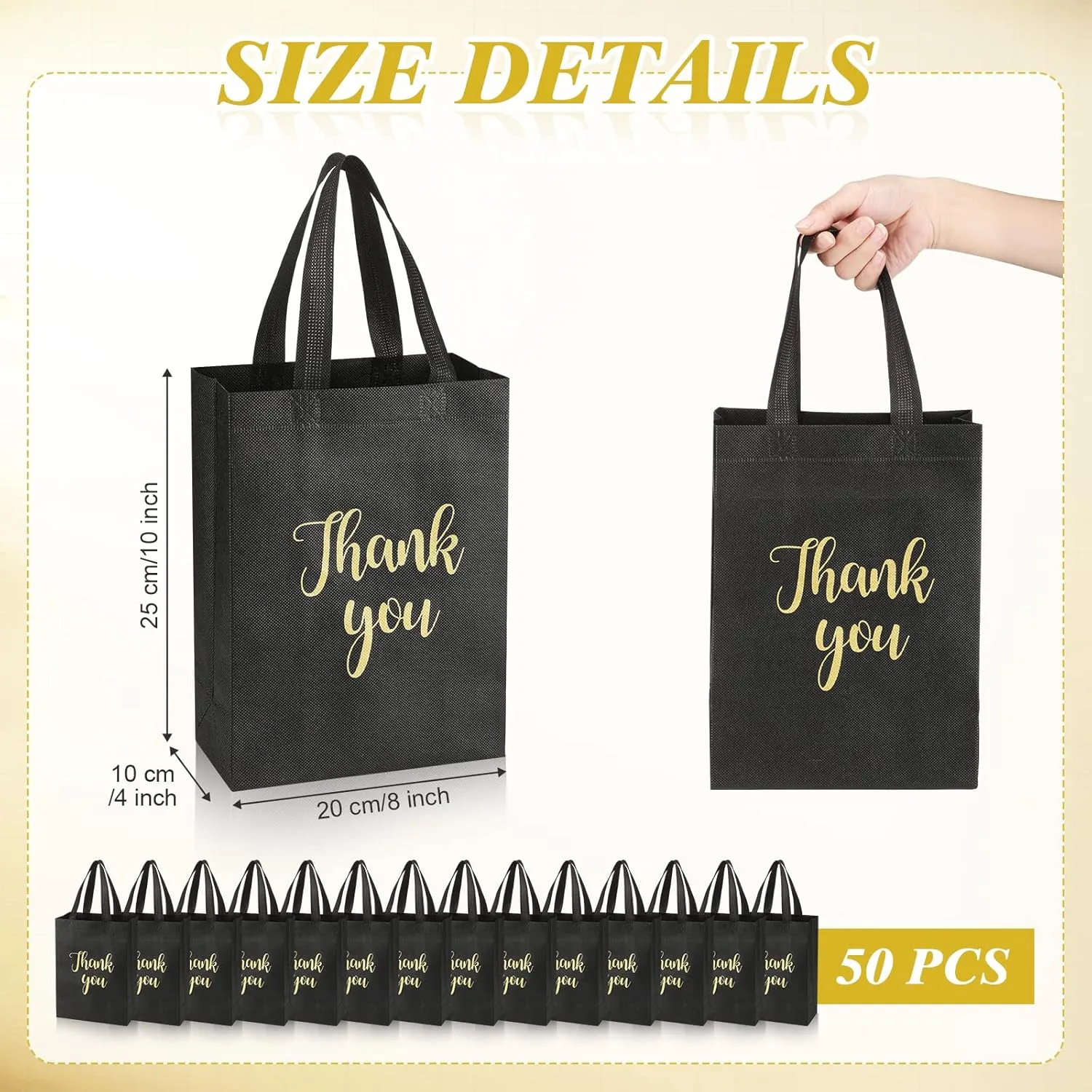 Roowest 50 Pcs Thank You Gift Bags with Handles Bulk Reusable Non Woven Foldable Bag for Graduation Wedding, 10 x 8 x 4 Inch