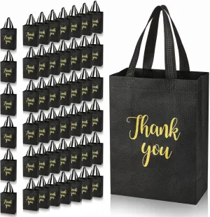 Roowest 50 Pcs Thank You Gift Bags with Handles Bulk Reusable Non Woven Foldable Bag for Graduation Wedding, 10 x 8 x 4 Inch