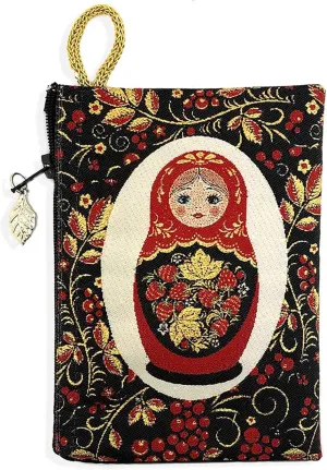 Russian Matryoshka Khokhloma Design Reversible Pouch Small Cosmetic Bag Purse 5 3/8 Inch