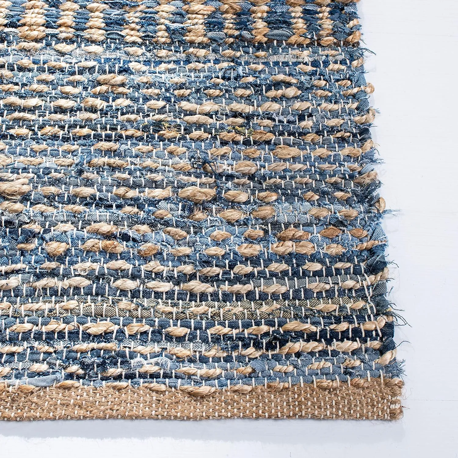 SAFAVIEH Cape Cod Collection Runner Rug - 2'3" x 8', Natural & Blue, Handmade Flat Weave Coastal Braided Jute, Ideal for High Traffic Areas in Living Room, Bedroom (CAP353A)