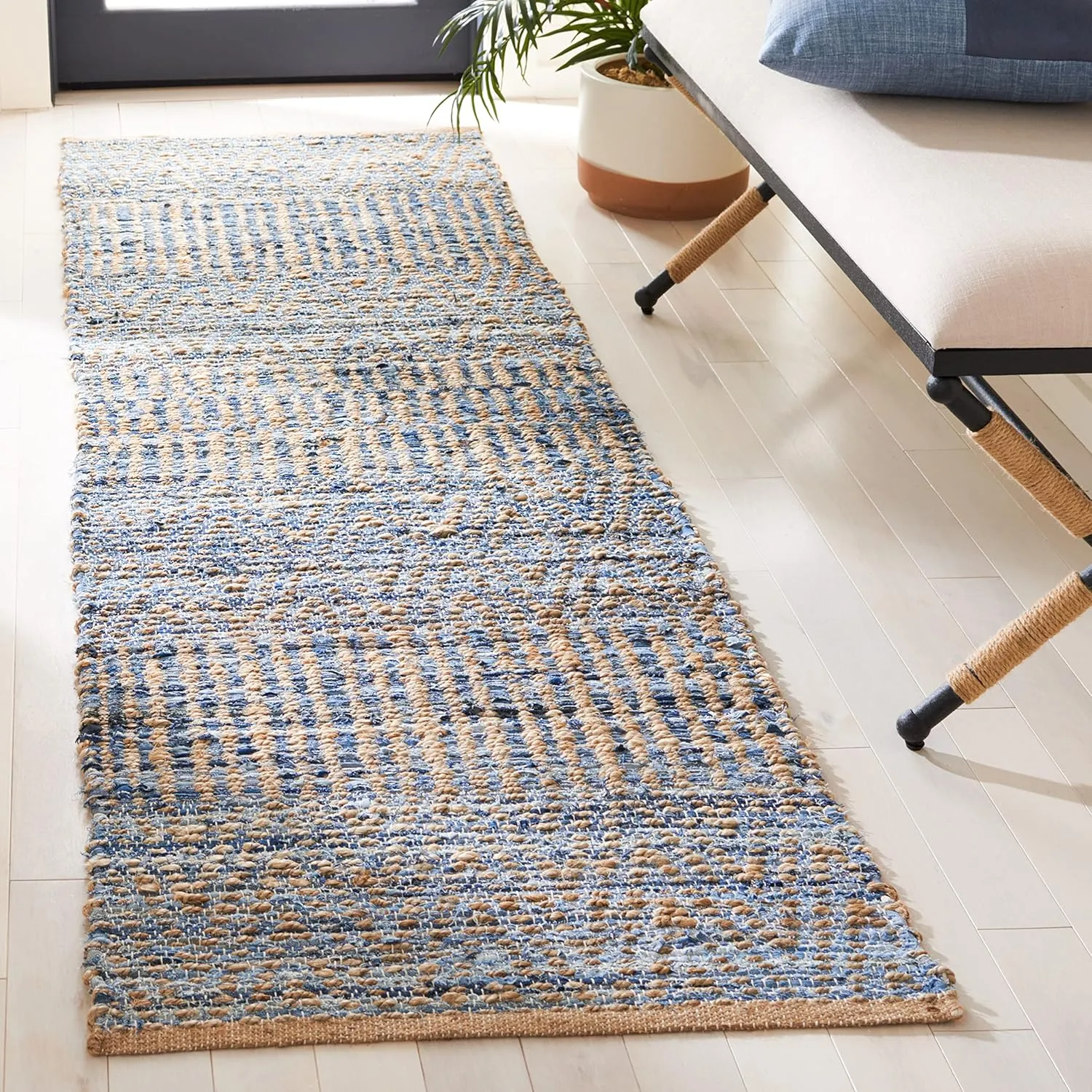 SAFAVIEH Cape Cod Collection Runner Rug - 2'3" x 8', Natural & Blue, Handmade Flat Weave Coastal Braided Jute, Ideal for High Traffic Areas in Living Room, Bedroom (CAP353A)
