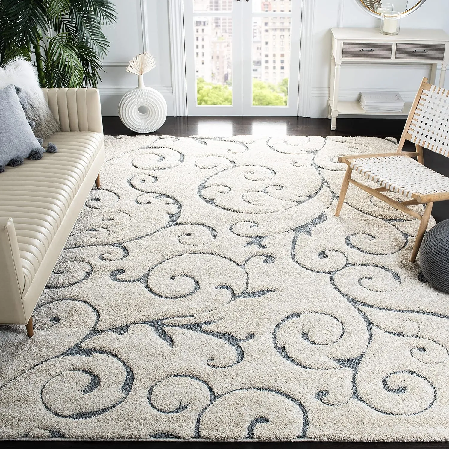 SAFAVIEH Florida Shag Collection Area Rug - 8' x 10', Beige & Blue Grey, Scroll Design, Non-Shedding & Easy Care, 1.2-inch Thick Ideal for High Traffic Areas in Living Room, Bedroom (SG455-1155)