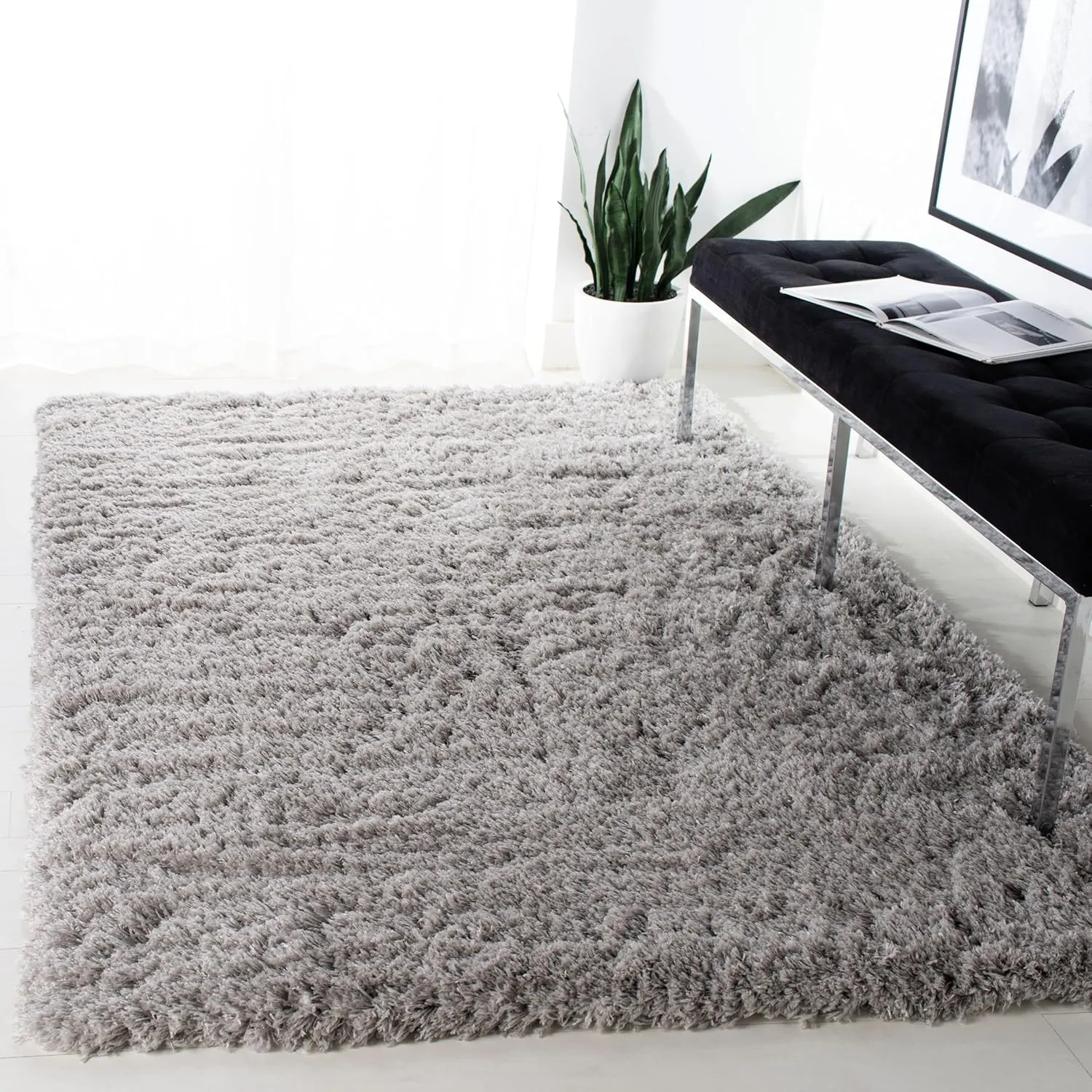 SAFAVIEH Polar Shag Collection Area Rug - 5'1" x 7'6", Silver, Solid Glam Design, Non-Shedding & Easy Care, 3-inch Thick Ideal for High Traffic Areas in Living Room, Bedroom (PSG800D)