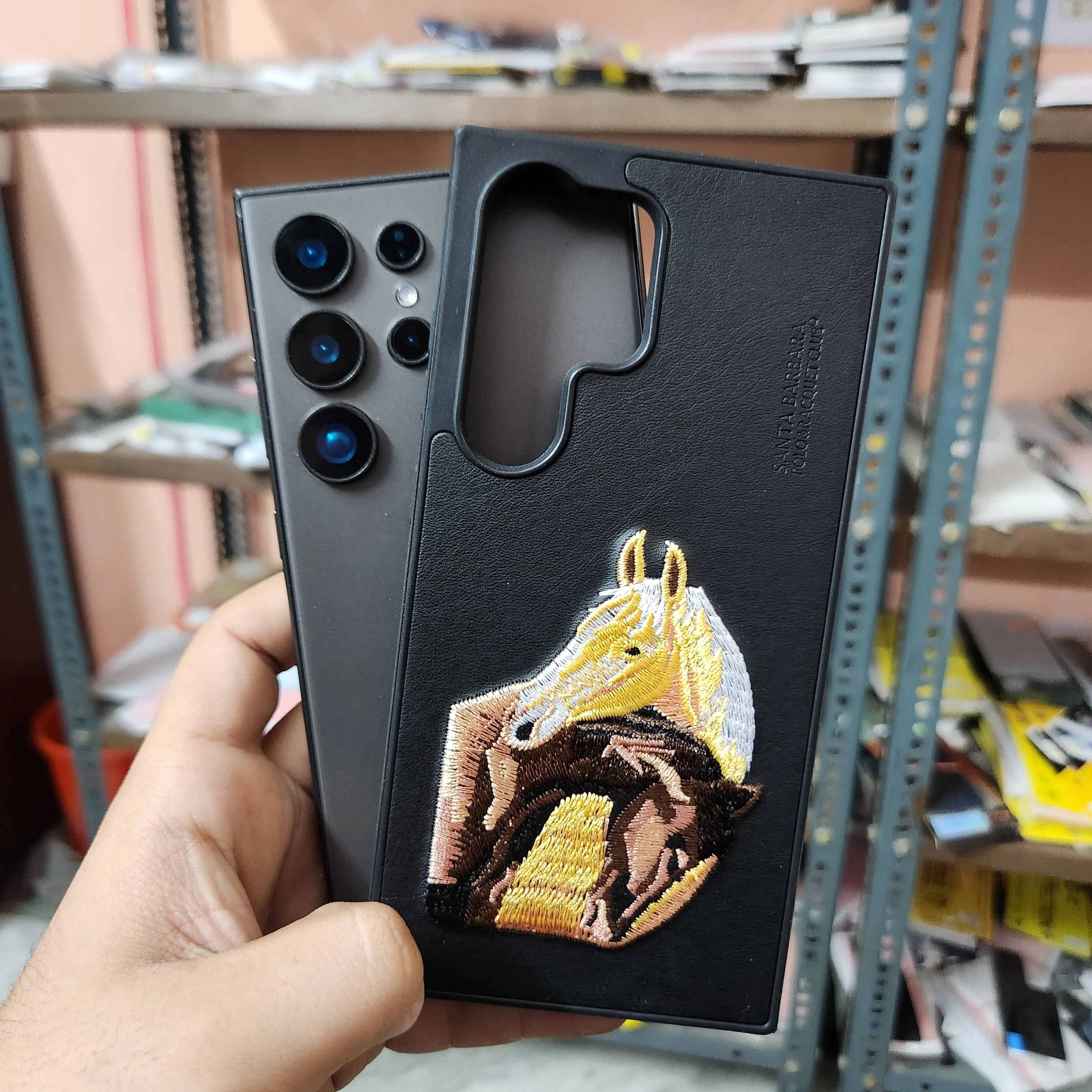 Samsung Galaxy S24 Ultra Boris Series 3D Horse Embroidery Leather Case - Black