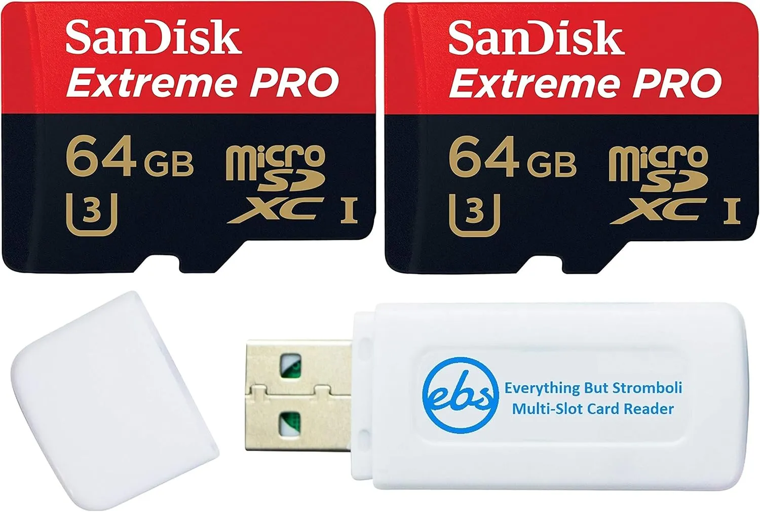 SanDisk 64GB Extreme Pro Micro SD Memory Card (2) Works with GoPro Action Camera Hero 12 Black (SDSQXCU-064G-GN6MA) U3 V30 Bundle with (1) Everything But Stromboli MicroSDXC & SD Card Reader