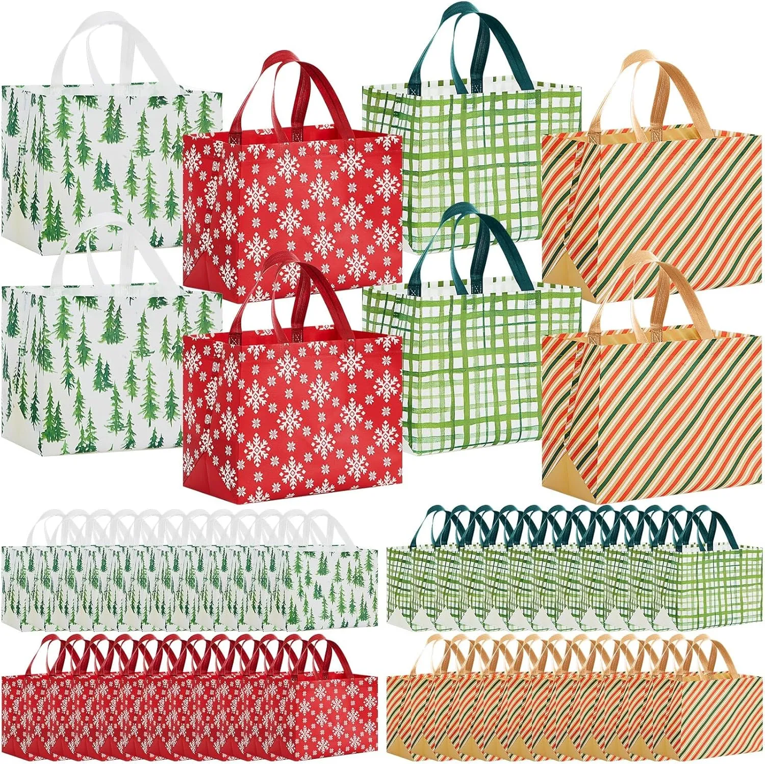 Sanwuta Christmas Bags for Gifts Large Tote Treat Reusable Non Woven with Handles Gift for Wrapping Shopping Party Supplies 12.8 x 9.8 x 6.7 In(48 Pcs)