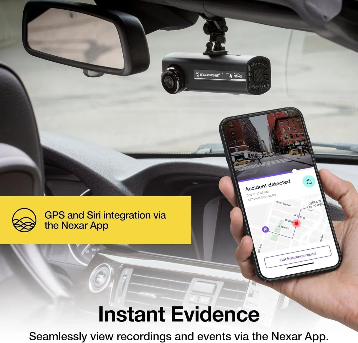 Scosche NEXC2128-XCES0 Full HD Two-Way Smart Dash Cam Powered by Nexar with Suction Cup and 128GB Memory