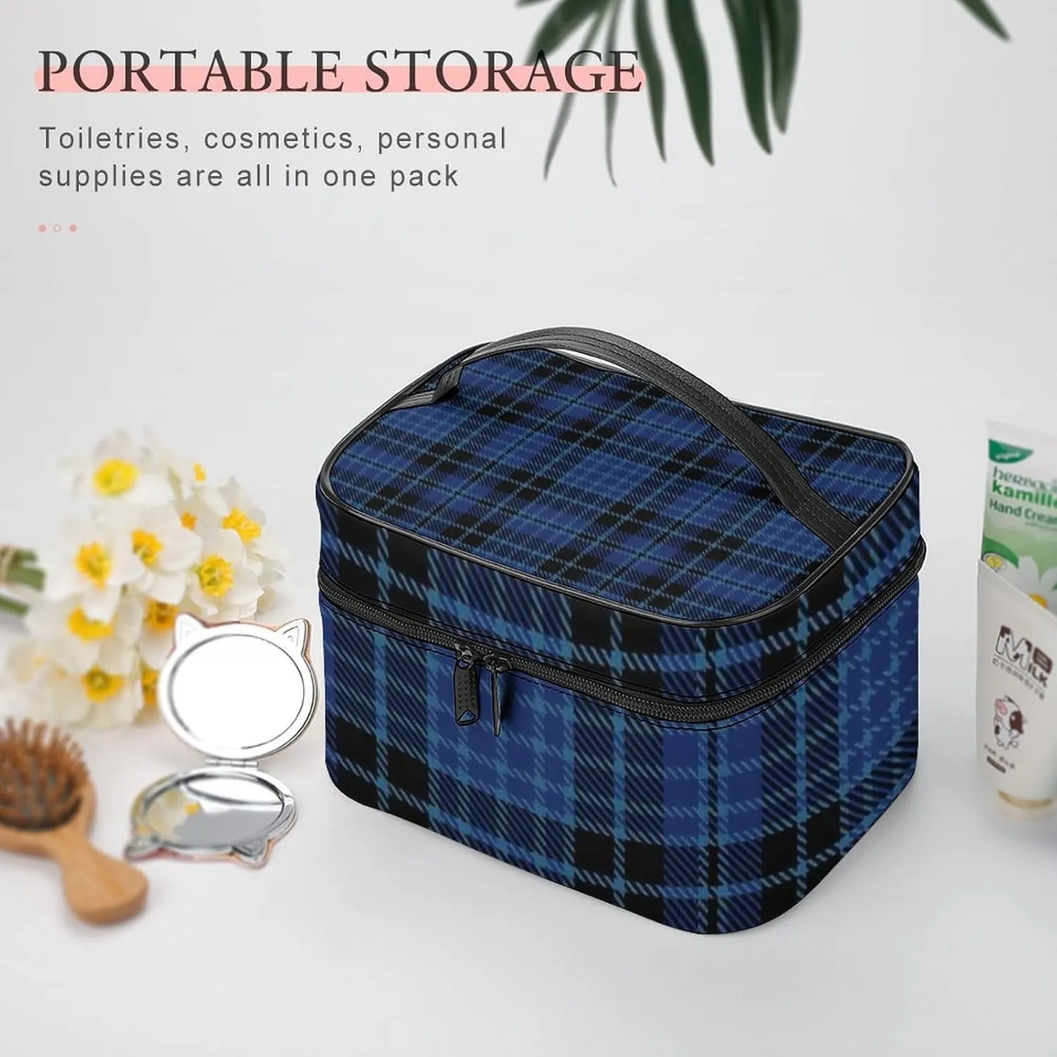 Scottish Clergy Blue Black White Tartan Large Capacity Soft And High-value Practical Makeup And Wash Bag
