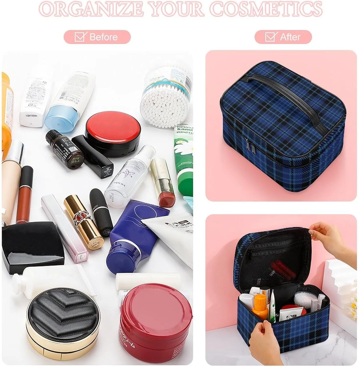 Scottish Clergy Blue Black White Tartan Large Capacity Soft And High-value Practical Makeup And Wash Bag