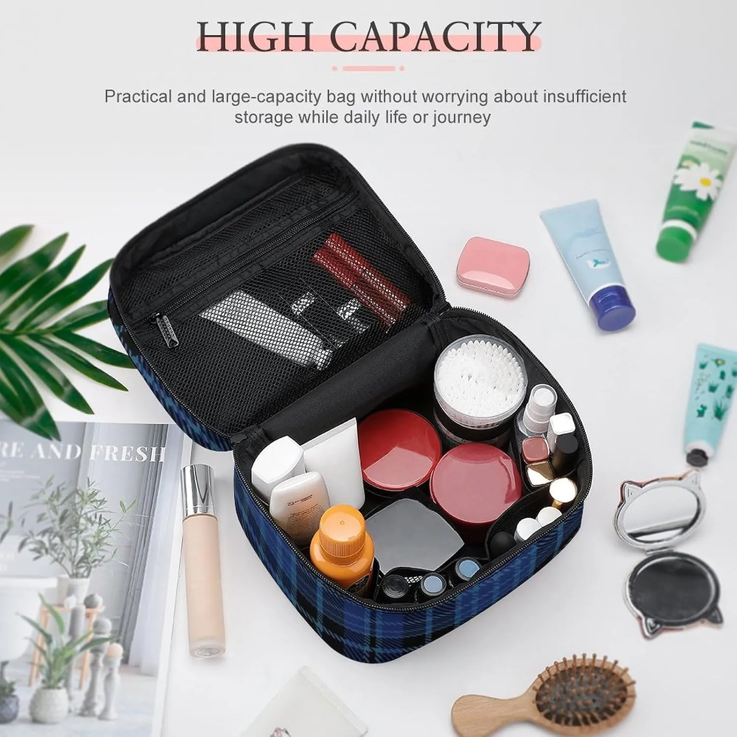 Scottish Clergy Blue Black White Tartan Large Capacity Soft And High-value Practical Makeup And Wash Bag