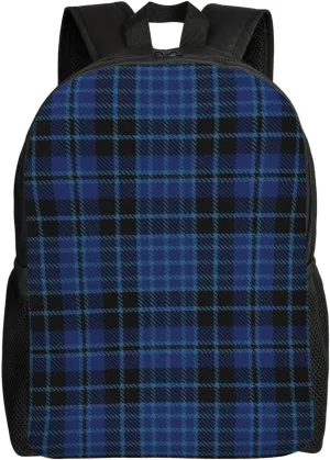 Scottish Clergy Blue Black White Tartan Minimalist Laptop Backpack – Waterproof Business Travel Bag, Breathable Design, Modern Work & Leisure