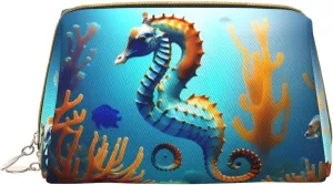 Seabed coral seahorse Leather cosmetic bag with pockets, portable travel cosmetic bag, large capacity cosmetic storage bag,