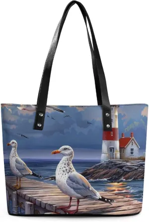 Seagulls-Birds Lighthouse Women's Handbag Fashion Shoulder Bag Purse Leather Tote Bags Crossbody Travel