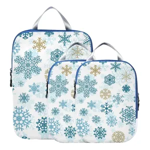 Seamless Christmas Blue Gold Snowflakes on White 3 Piece set Cubes Expandable Adjustable Luggage Packing Bags, Ultralight Organizer Accessories Travel Suitcase Compressible Bags