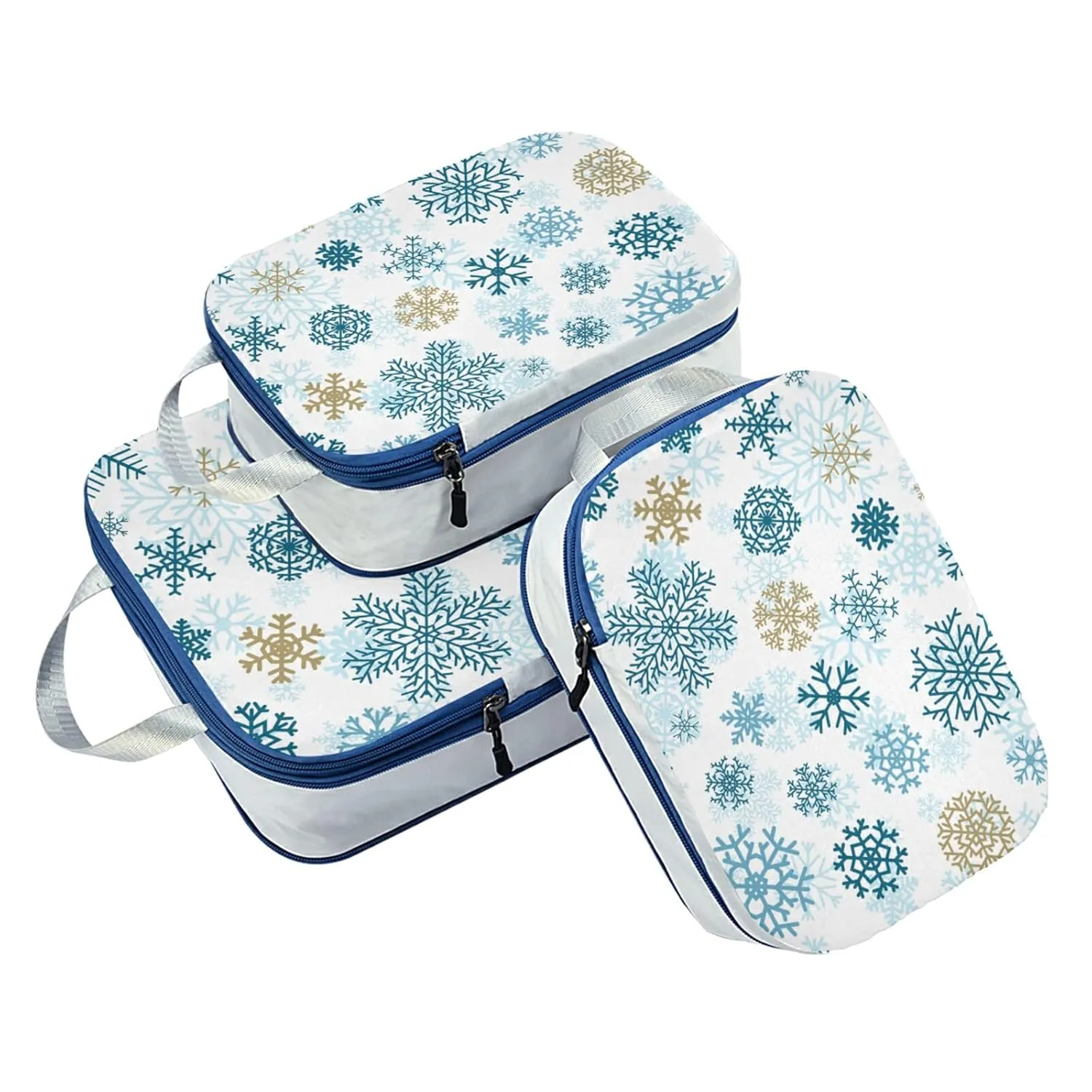 Seamless Christmas Blue Gold Snowflakes on White 3 Piece set Cubes Expandable Adjustable Luggage Packing Bags, Ultralight Organizer Accessories Travel Suitcase Compressible Bags