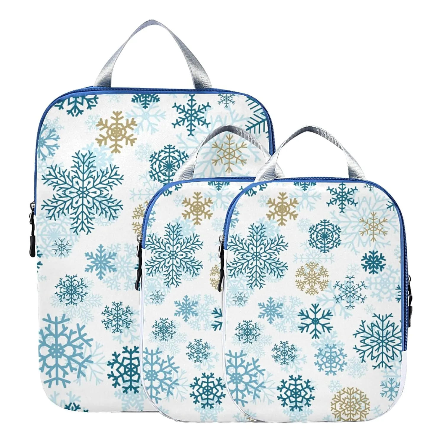 Seamless Christmas Blue Gold Snowflakes on White 3 Piece set Cubes Expandable Adjustable Luggage Packing Bags, Ultralight Organizer Accessories Travel Suitcase Compressible Bags