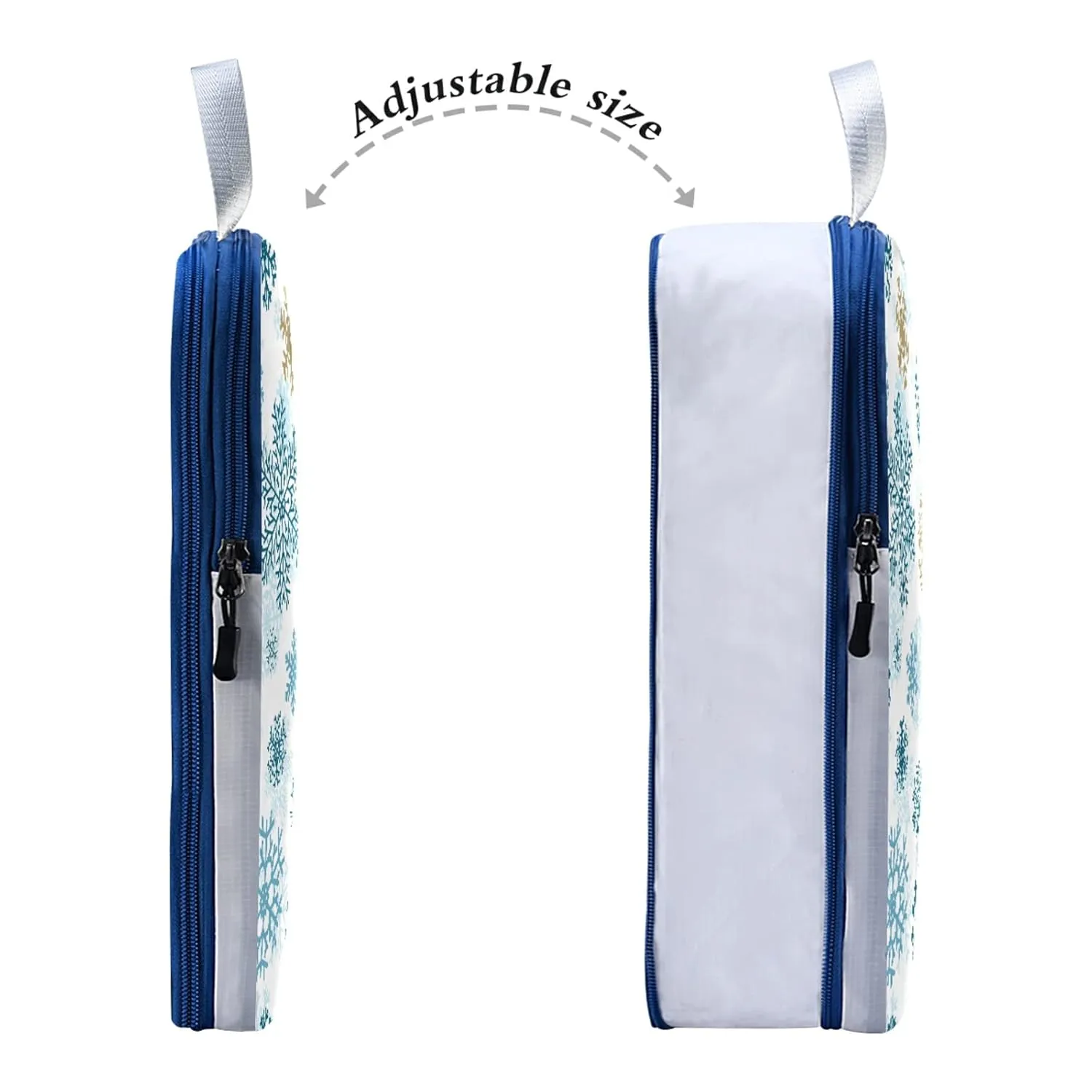 Seamless Christmas Blue Gold Snowflakes on White 3 Piece set Cubes Expandable Adjustable Luggage Packing Bags, Ultralight Organizer Accessories Travel Suitcase Compressible Bags