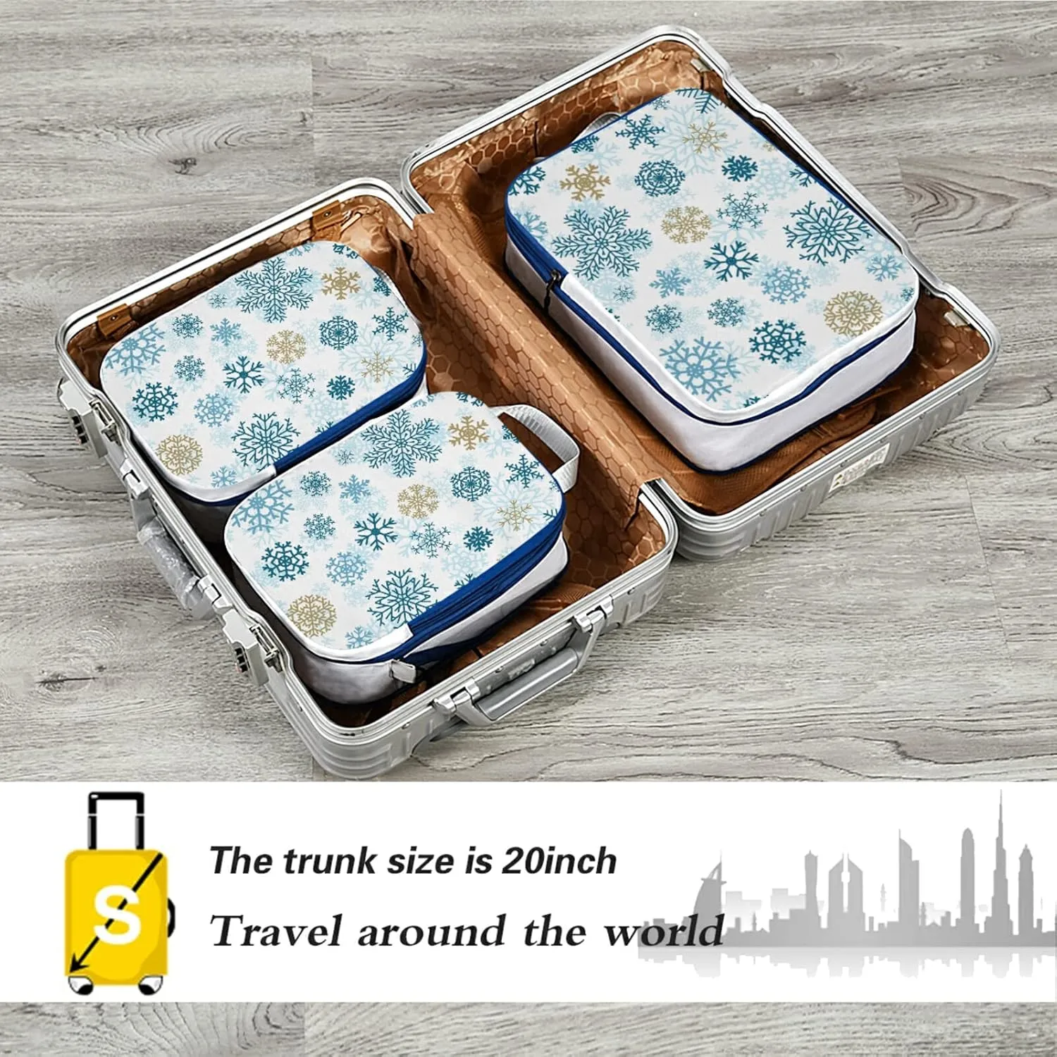 Seamless Christmas Blue Gold Snowflakes on White 3 Piece set Cubes Expandable Adjustable Luggage Packing Bags, Ultralight Organizer Accessories Travel Suitcase Compressible Bags