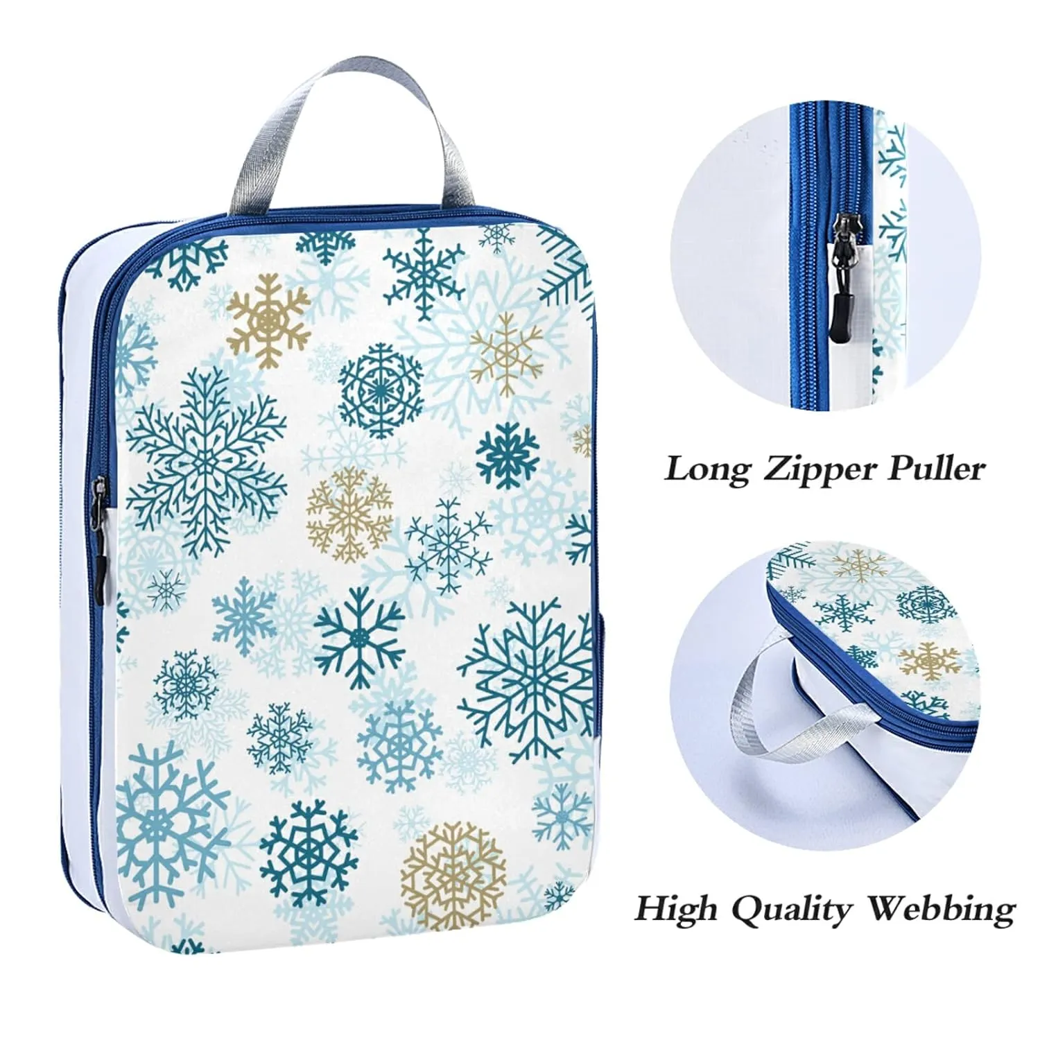 Seamless Christmas Blue Gold Snowflakes on White 3 Piece set Cubes Expandable Adjustable Luggage Packing Bags, Ultralight Organizer Accessories Travel Suitcase Compressible Bags