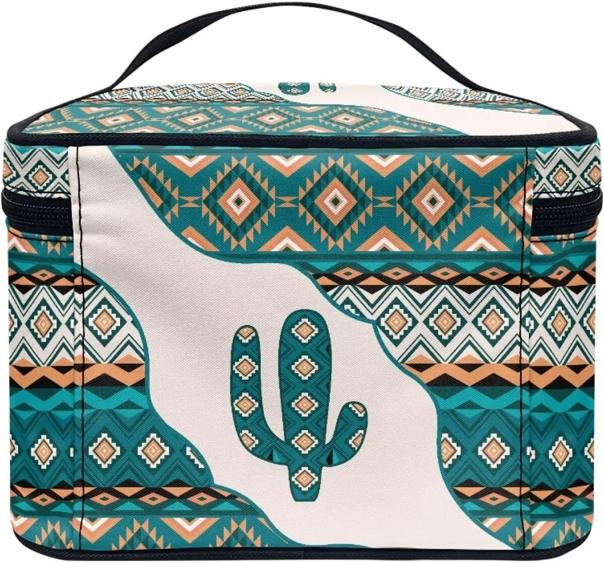 SEANATIVE Aztec Cactus Makeup Bag Organizer with Adjustable Dividers for Travel Cosmetic Case Lightweight Toiletry Tote Bag Large Capacity