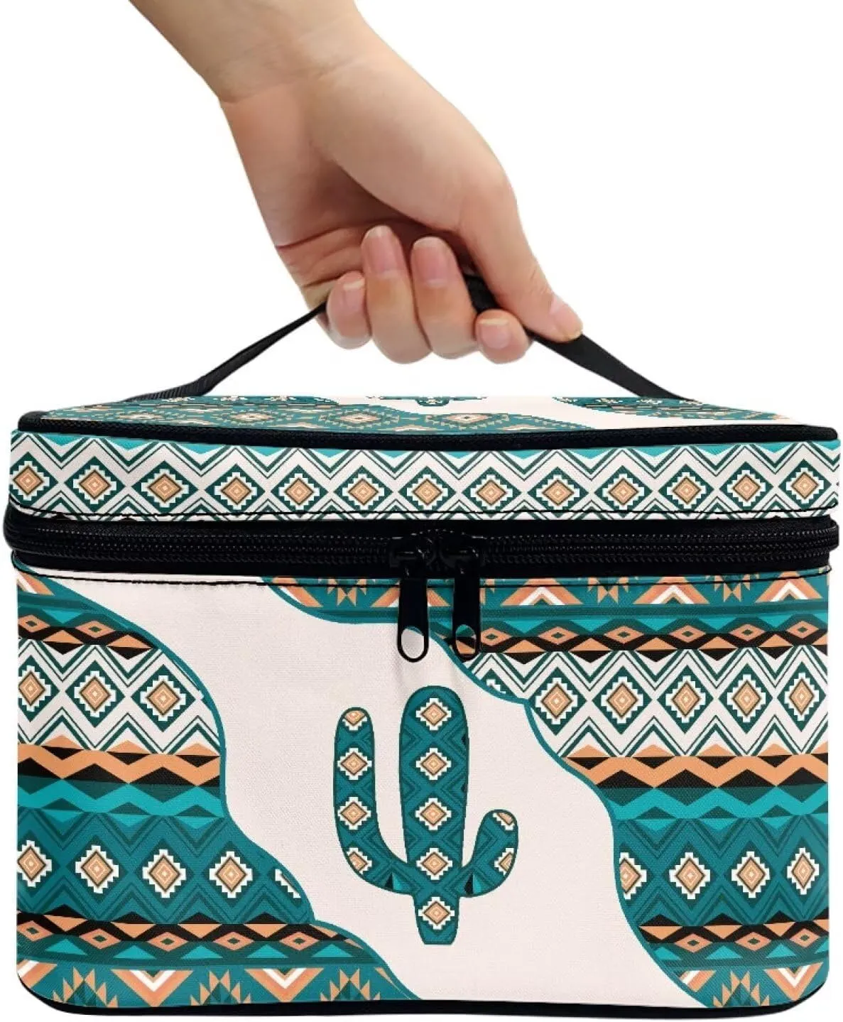 SEANATIVE Aztec Cactus Makeup Bag Organizer with Adjustable Dividers for Travel Cosmetic Case Lightweight Toiletry Tote Bag Large Capacity