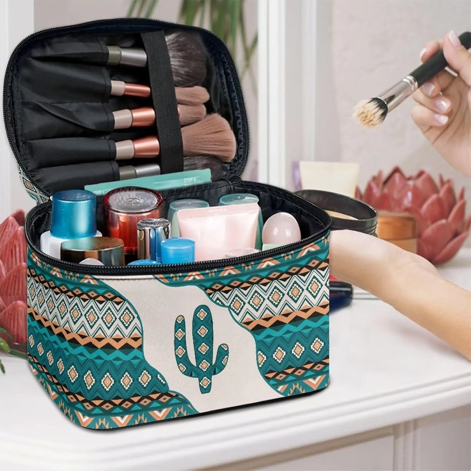 SEANATIVE Aztec Cactus Makeup Bag Organizer with Adjustable Dividers for Travel Cosmetic Case Lightweight Toiletry Tote Bag Large Capacity