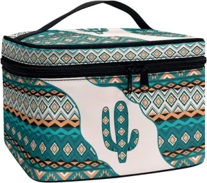 SEANATIVE Aztec Cactus Makeup Bag Organizer with Adjustable Dividers for Travel Cosmetic Case Lightweight Toiletry Tote Bag Large Capacity