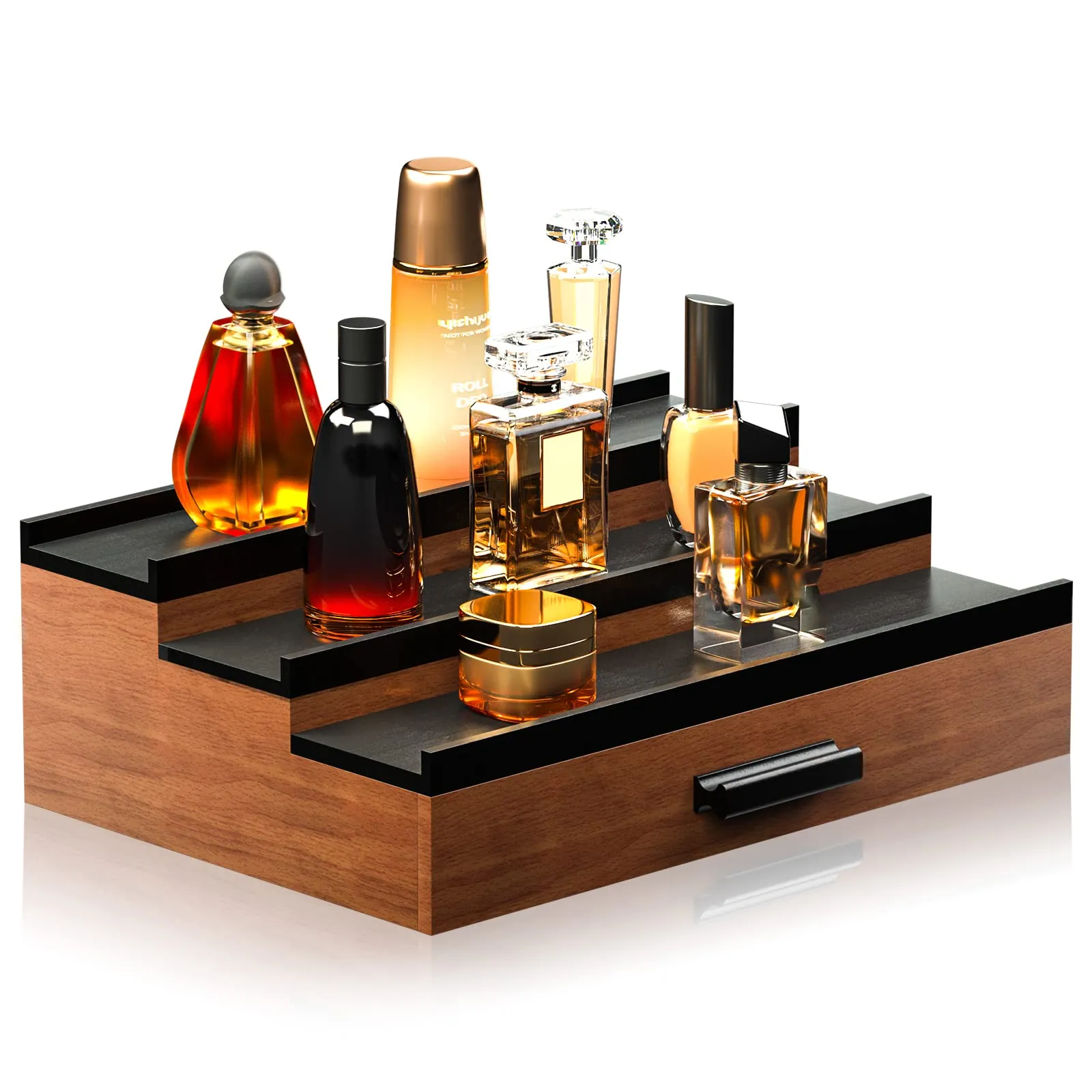 Sephyroth Cologne Organizer for Men 3 Tier of Elevated Cologne Display Shelf with Drawer Storage Perfume Organization and Storage Display Risers,Great Gift for Man(Walnut Black)