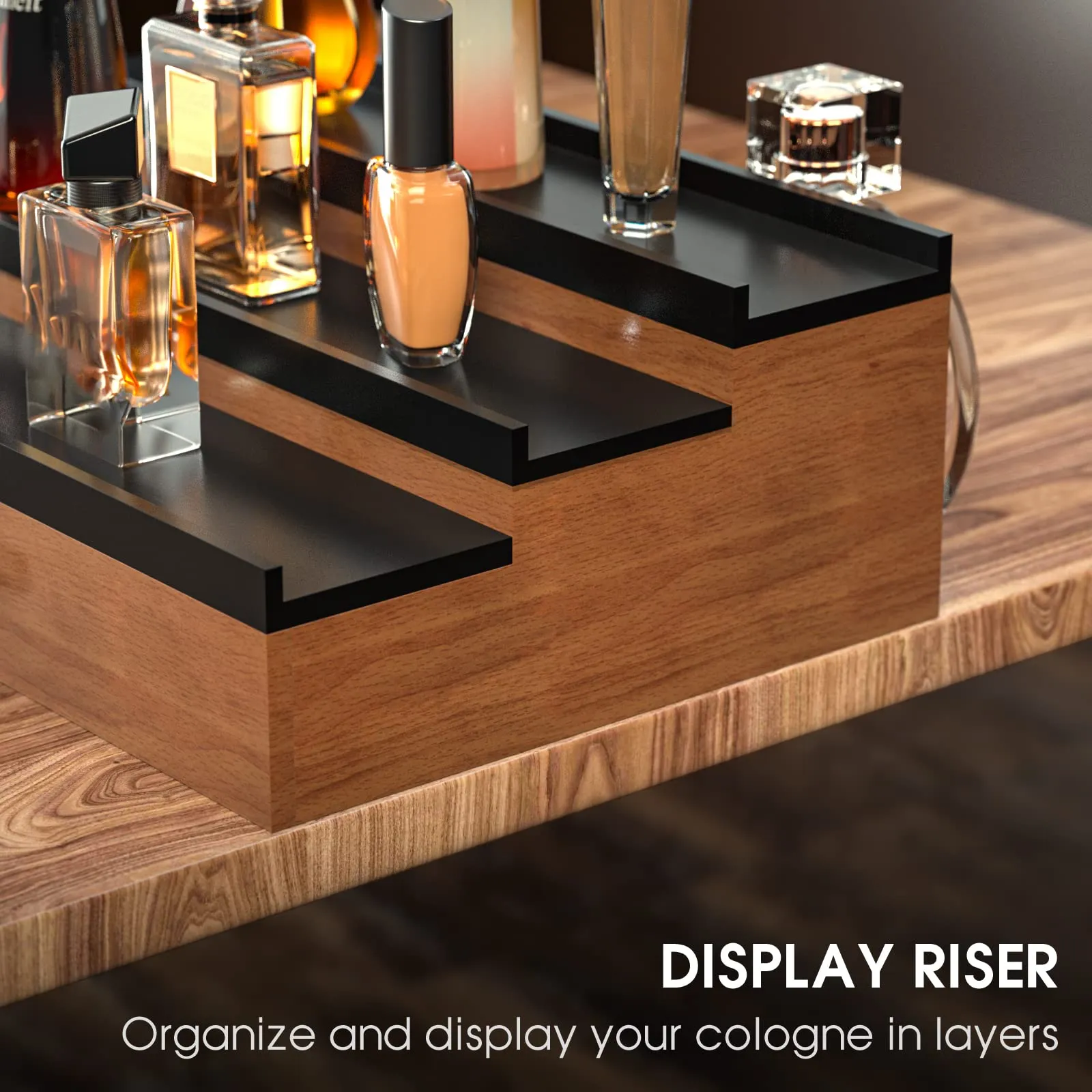 Sephyroth Cologne Organizer for Men 3 Tier of Elevated Cologne Display Shelf with Drawer Storage Perfume Organization and Storage Display Risers,Great Gift for Man(Walnut Black)