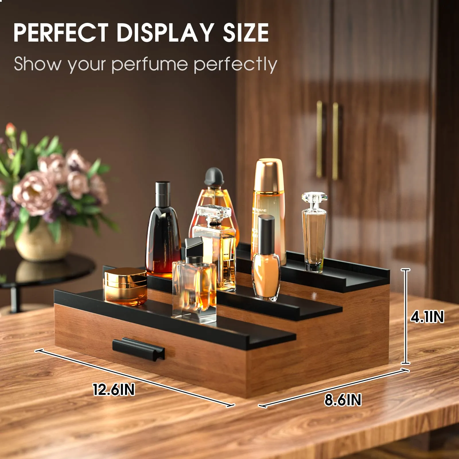 Sephyroth Cologne Organizer for Men 3 Tier of Elevated Cologne Display Shelf with Drawer Storage Perfume Organization and Storage Display Risers,Great Gift for Man(Walnut Black)