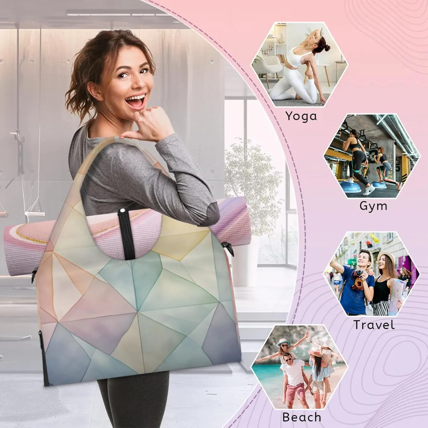 Shapes Papers Wall Gym Bag Yoga Mat Tote for Women with Shoes Compartment Lightweight Duffle Travel Carrier Wet Dry Storage Pockets Adjustable Pilates Mats Shoulder Bags for Sport Swim