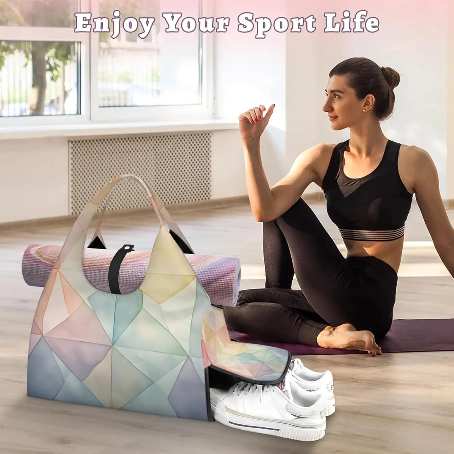 Shapes Papers Wall Gym Bag Yoga Mat Tote for Women with Shoes Compartment Lightweight Duffle Travel Carrier Wet Dry Storage Pockets Adjustable Pilates Mats Shoulder Bags for Sport Swim